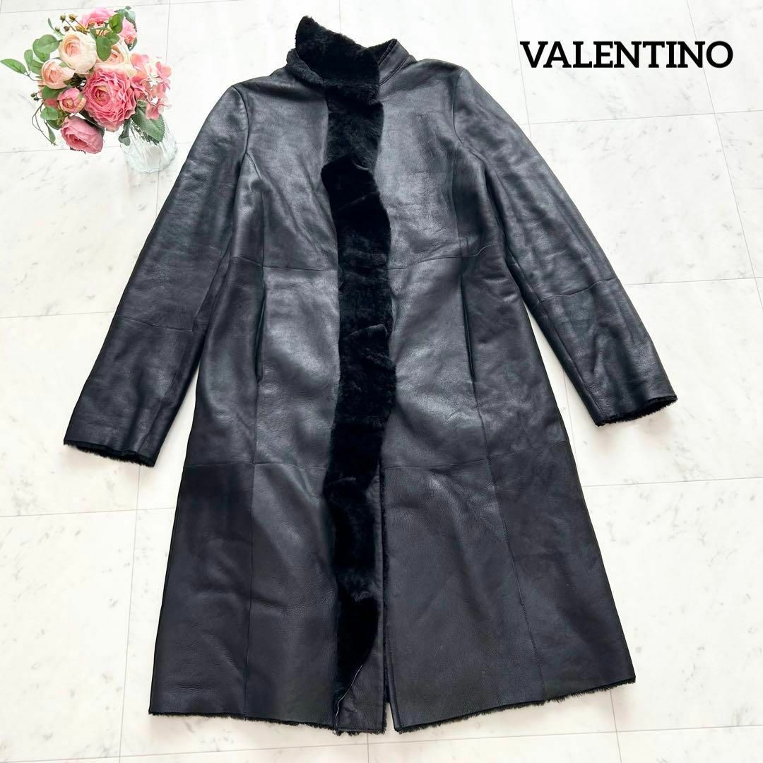 極美品 VALENTINO ROMA ラムレザー ムートンロングコート ブラック