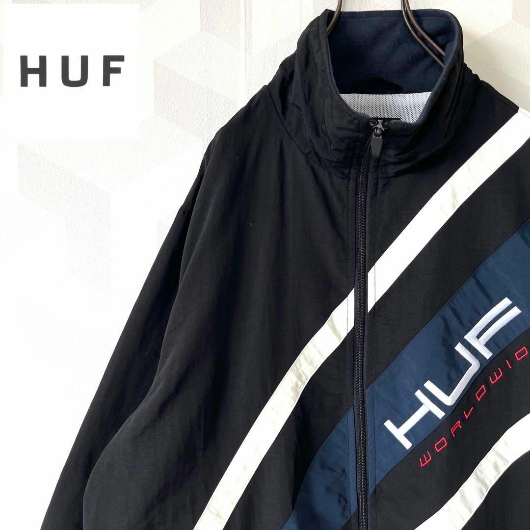 HUF - 【HUF】状態◯ サイズL 切り替え 刺繍ロゴ ナイロンジャケット 黒青 ハフ