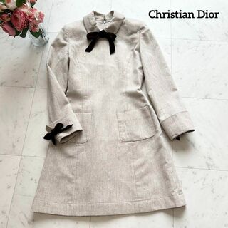 クリスチャンディオール(Christian Dior)の美品 Christian Dior ベロアリボン 美シルエットワンピース M(ひざ丈ワンピース)