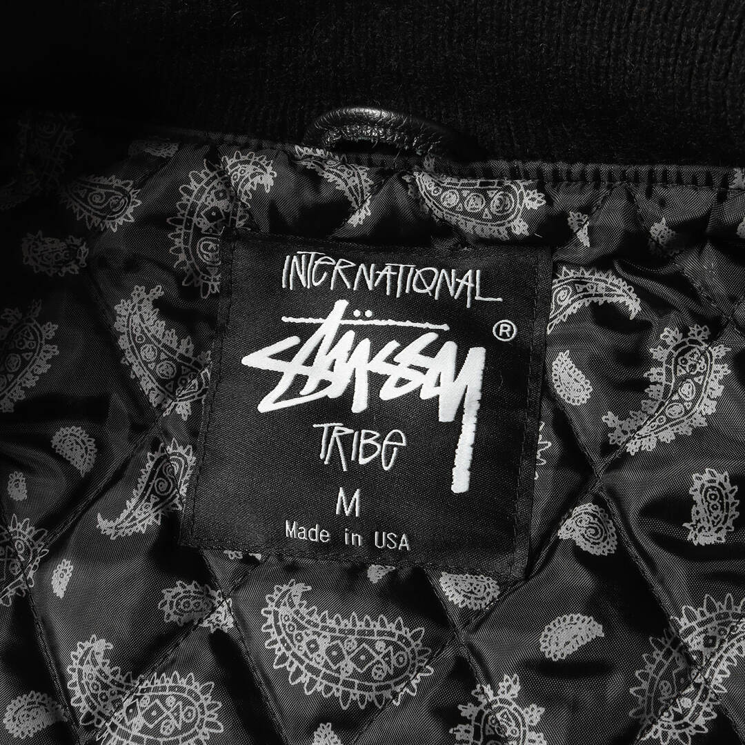 STUSSY ステューシー ジャケット サイズ:M 12AW インターナショナルロゴ 刺繍 袖レザー ウールメルトン スタジャン CFIT CLASSIC VARS JKT SET IN SLV アウター バーシティジャケット USA製 ブラック 黒【メンズ】