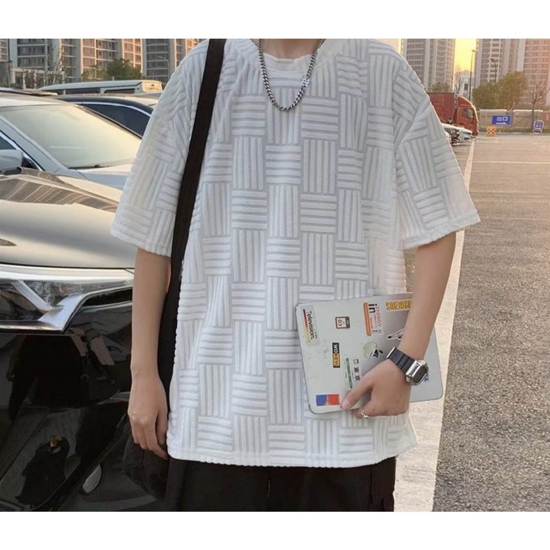 総柄 半袖 Tシャツ トップス 韓国 メンズ モード キレイめ　ホワイト　XL メンズのトップス(Tシャツ/カットソー(半袖/袖なし))の商品写真