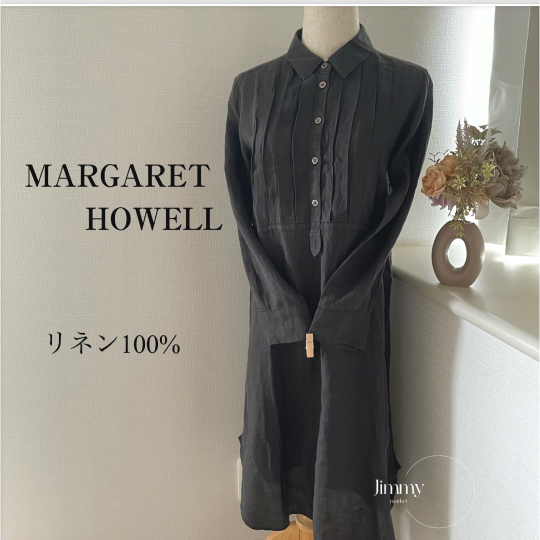 MARGARET HOWELL(マーガレットハウエル)の【マーガレットハウエル】リネン100% 胸元プリーツ　シャツワンピース　ブラック レディースのワンピース(ロングワンピース/マキシワンピース)の商品写真