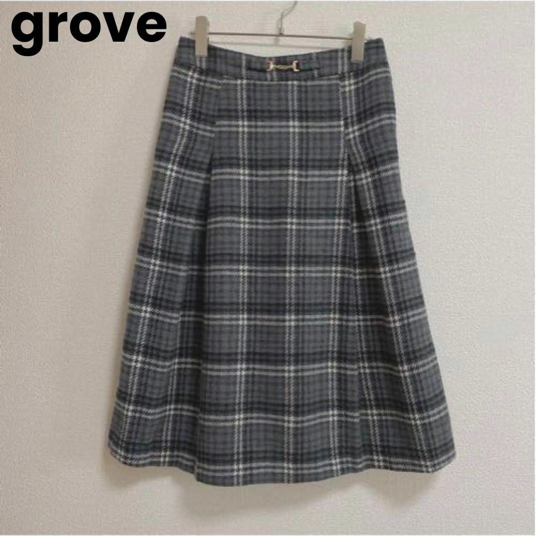 grove(グローブ)のst120 grove ロング スカート ミモレ丈 グレーチェック ウエストゴム レディースのスカート(ロングスカート)の商品写真