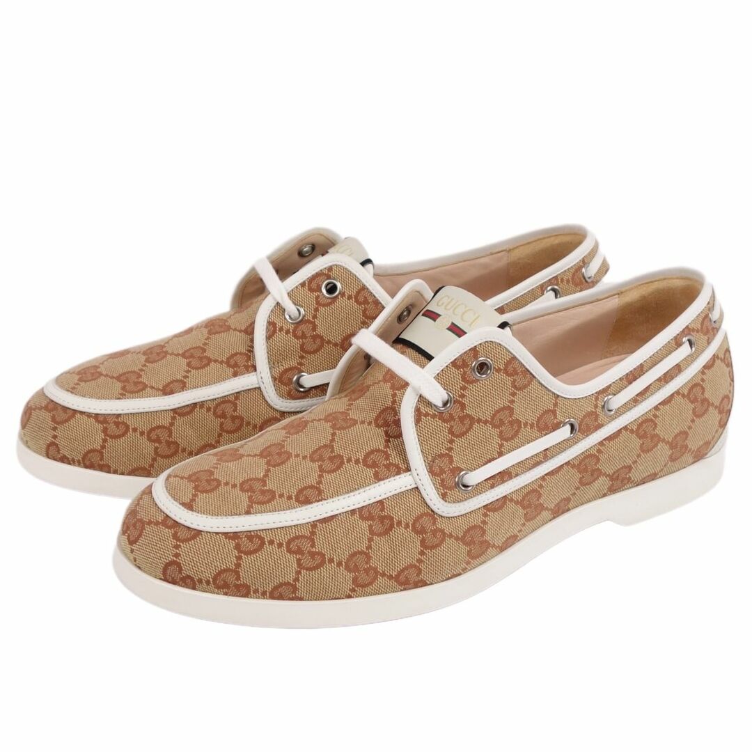 美品 グッチ GUCCI スニーカー ローカット デッキシューズ GGロゴ キャンバス レースアップ シューズ メンズ 9(28cm相当) ブラウン