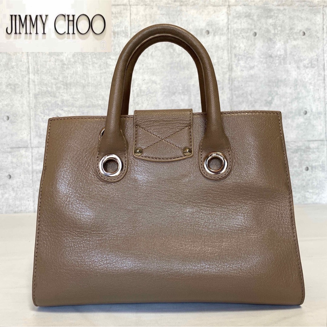 【良品】JIMMY CHOO RILEY/S グレージュ レザー ハンドバッグ