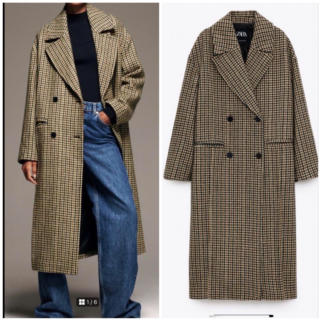 ZARA(ザラ)のZARA ウールミックス ハウンドトゥース チェック柄 コート S  レディースのジャケット/アウター(ロングコート)の商品写真