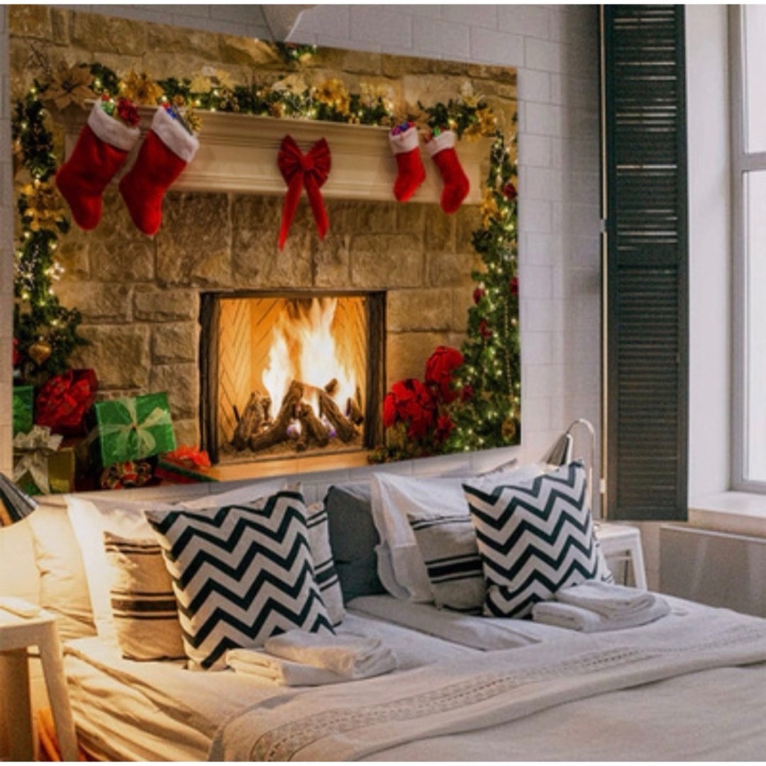 クリスマス　暖炉　オシャレ　タペストリー　壁掛け　大判　ツリー飾り　北欧　金具付