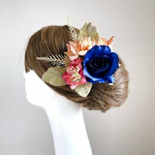 青い薔薇とクリスマスローズのヘッドドレス　青い薔薇　髪飾り　ネイビー　フラメンコ(ダンス/バレエ)