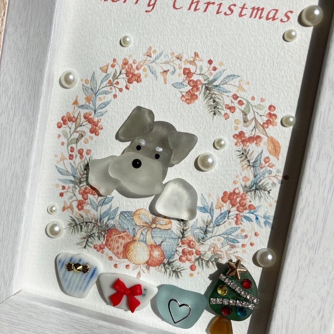 シーグラスアート メリークリスマス シュナウザー プレゼント 犬 ペット ハンドメイドのインテリア/家具(アート/写真)の商品写真