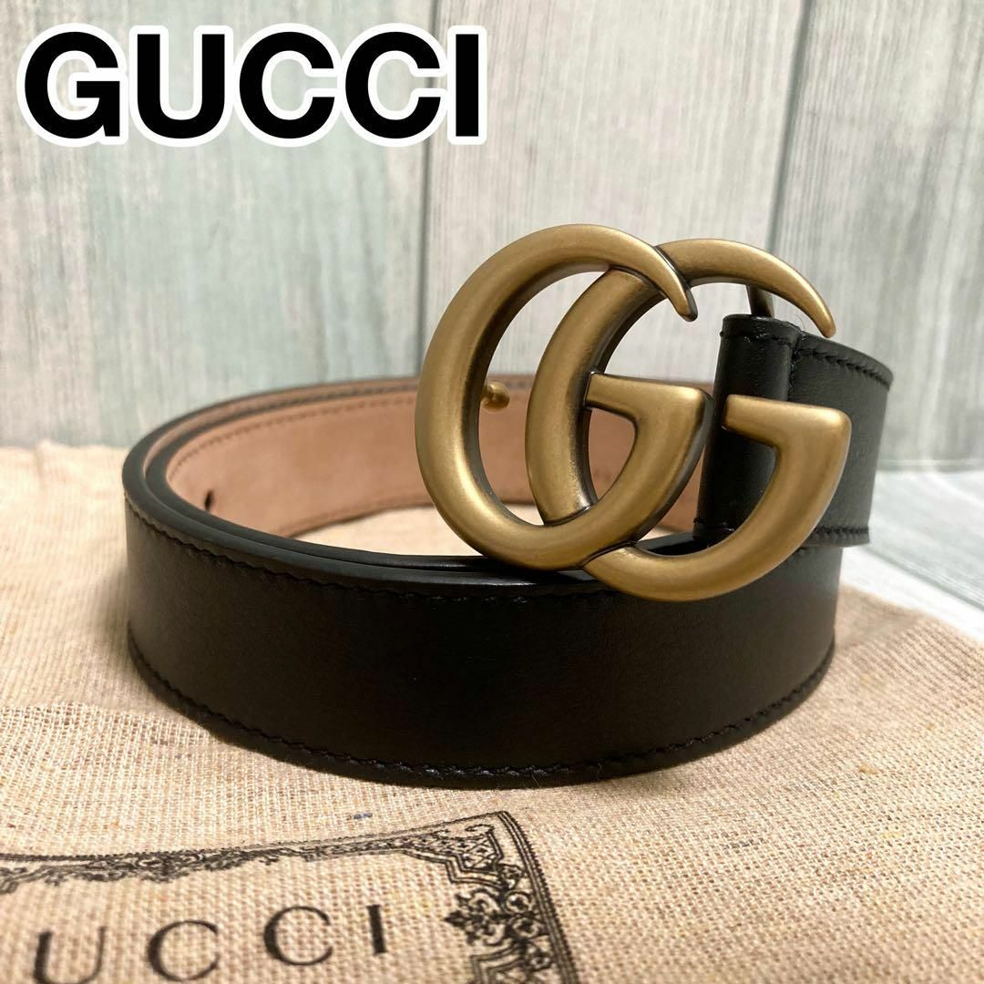 Gucci - 極美品✨ GUCCI ベルト マーモント ダブルG 黒×金 レザー 細め