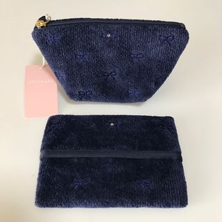 ラブラリープリティカラー　リボン刺繍 ポーチとティッシュケース　ネイビー