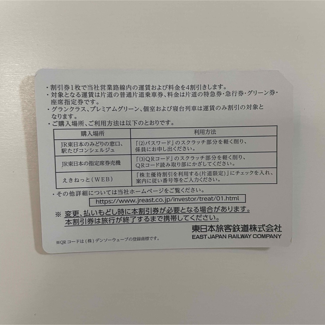 JR(ジェイアール)のJR東日本　株主優待割引券(4割引) チケットの乗車券/交通券(その他)の商品写真