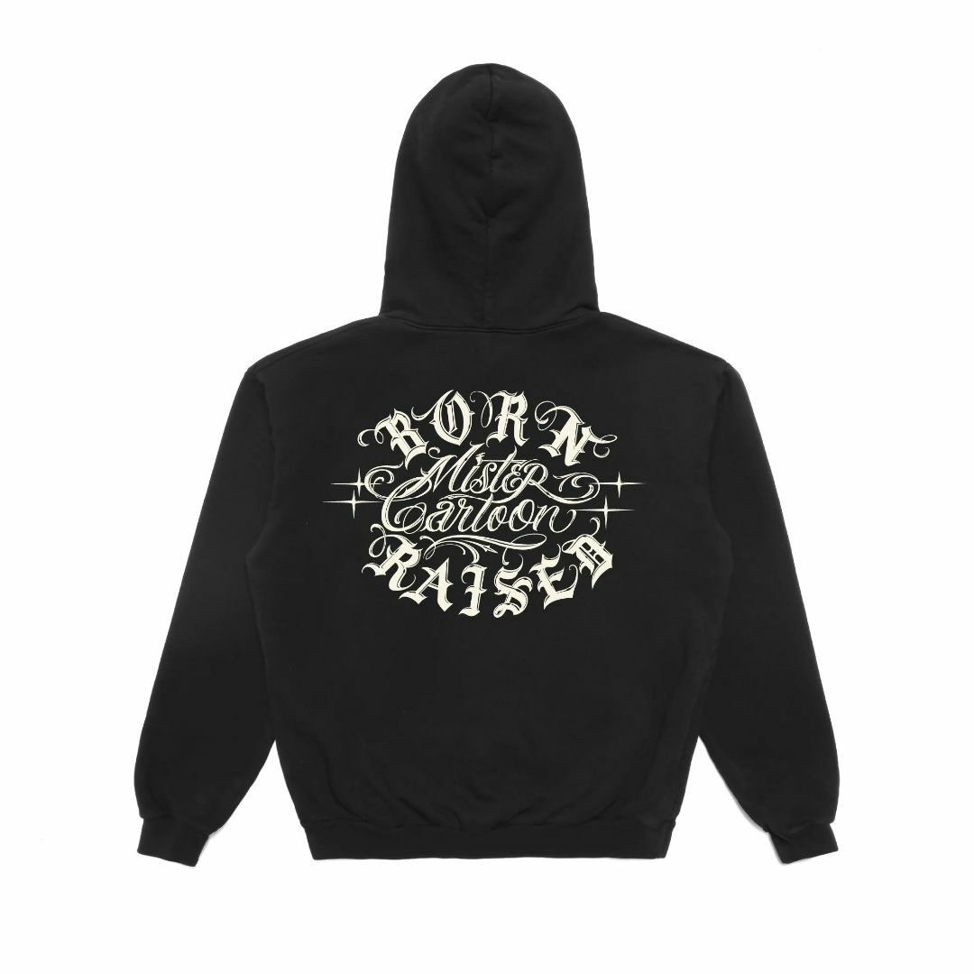 MC BORN RAISED SCRIPT ROCKER HOODIE BK 黒