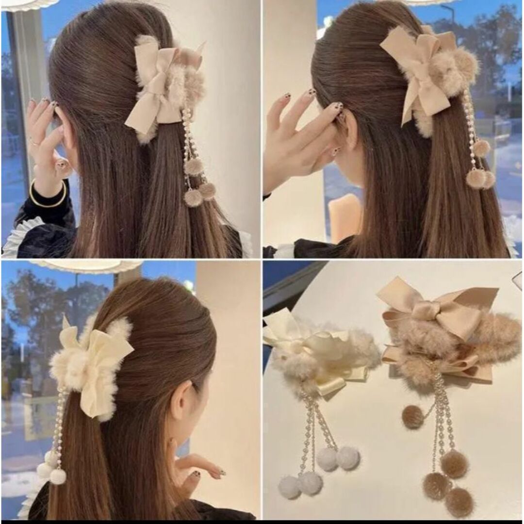 リボン もこもこ ヘアクリップ ホワイト★ チェーン付き パール かわいい 韓国 レディースのヘアアクセサリー(バレッタ/ヘアクリップ)の商品写真