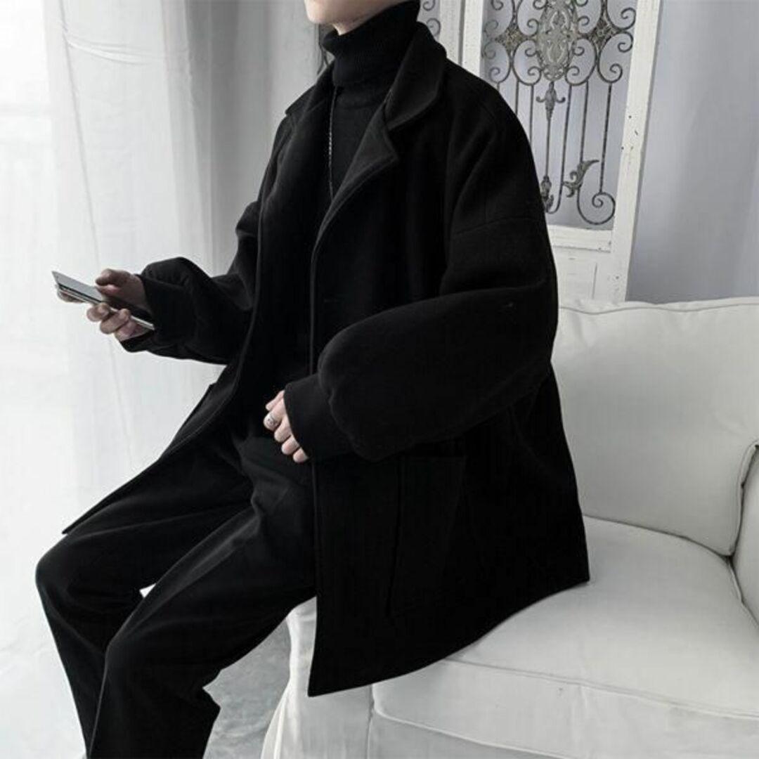 【新品未使用】ビッグシルエット チェスターコート ロングコート ブラック L メンズのジャケット/アウター(チェスターコート)の商品写真
