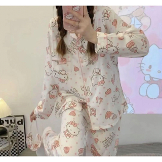 レディース長袖、XLサイズ、可愛いハローキティちゃんパジャマセットアップ(ルームウェア)