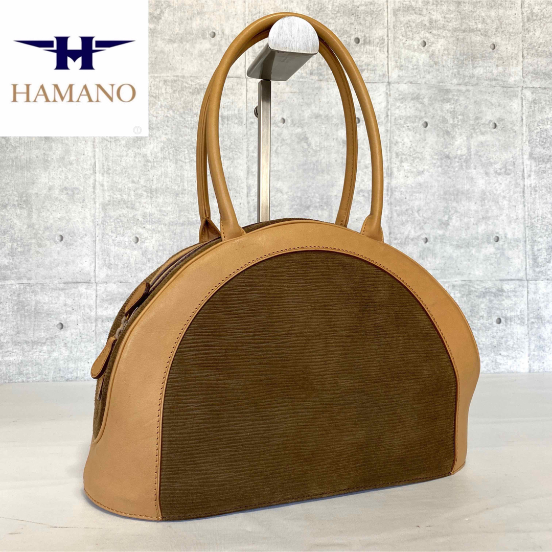 濱野皮革工藝/HAMANO(ハマノヒカクコウゲイ)の【HAMANO】濱野皮革工藝 皇室御用達 ヌバック×レザー ブラウンハンドバッグ レディースのバッグ(ハンドバッグ)の商品写真