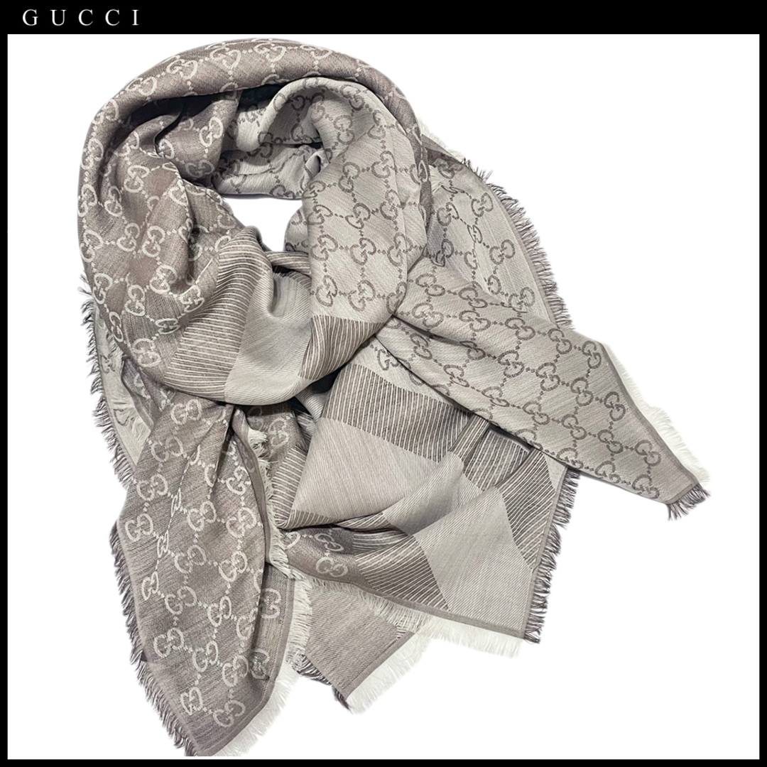 Gucci - 新品グッチGUCCIシルク混GG柄正方形ストール(スカーフ)茶の