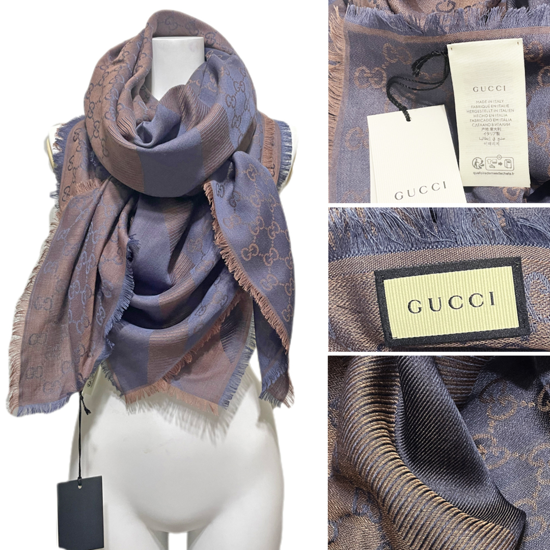 Gucci - 新品グッチGUCCIシルク混GG柄 正方形ストール(スカーフ)紺