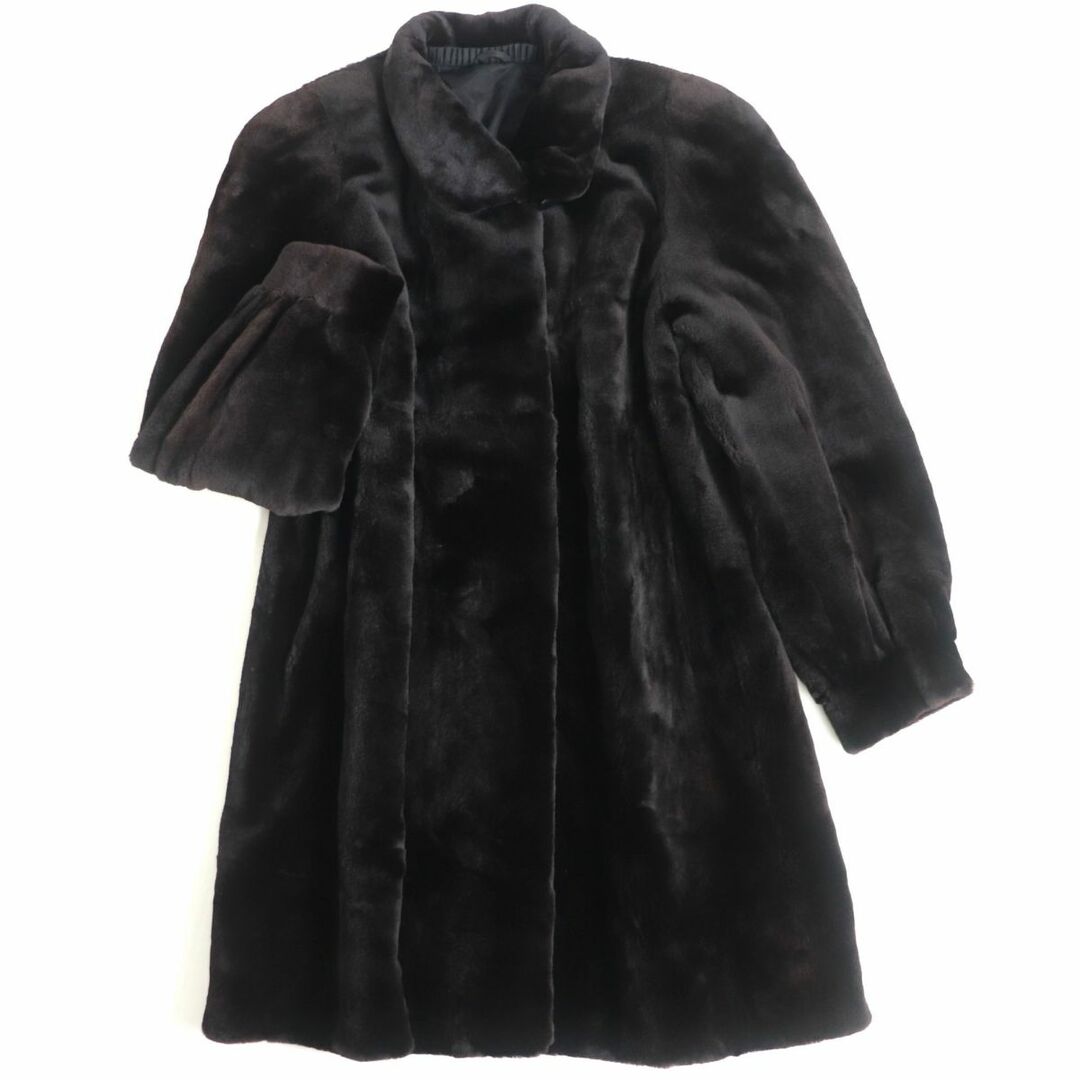 約53cm着丈極美品▼Guy Laroche ギラロッシュ MINK シェアードミンク 裏地ロゴ柄 本毛皮セミロングコート ダークブラウン(ブラックに近い) F 柔らか◎