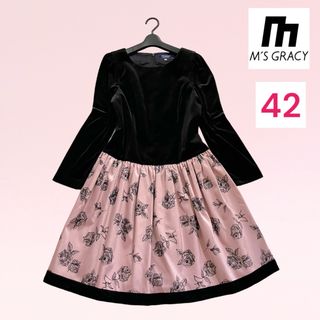 エムズグレイシー(M'S GRACY)の大きいサイズ✨エムズグレイシー　現行タグ　ベロア　花柄ドッキングワンピース　42(ひざ丈ワンピース)