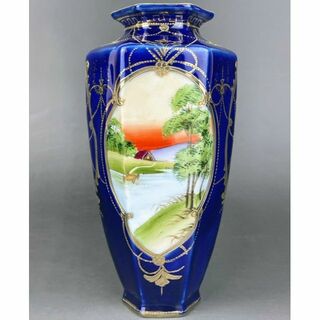 Noritake - 【希少】オールドニッポン 19.3cm KINJO 風景文藍色花瓶 名古屋窯