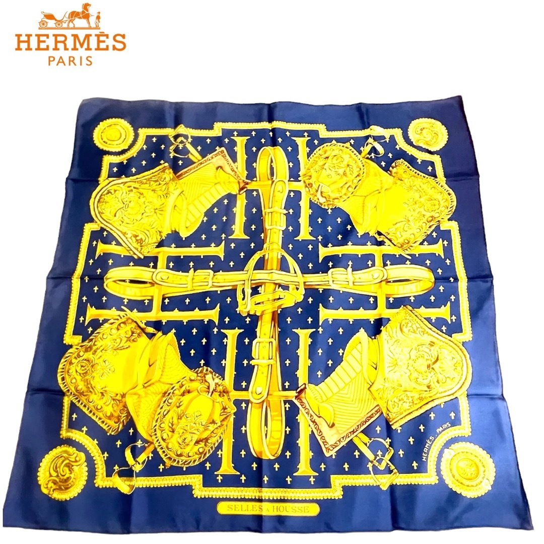 ✨新品未使用✨HERMES エルメス SELLES A HOUSSE大判スカーフ紺色黒に近い紺色