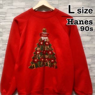 ヘインズ(Hanes)のHanes　スウェット　裏起毛　レッド　クマ　テディベア　クリスマス　USA古着(トレーナー/スウェット)