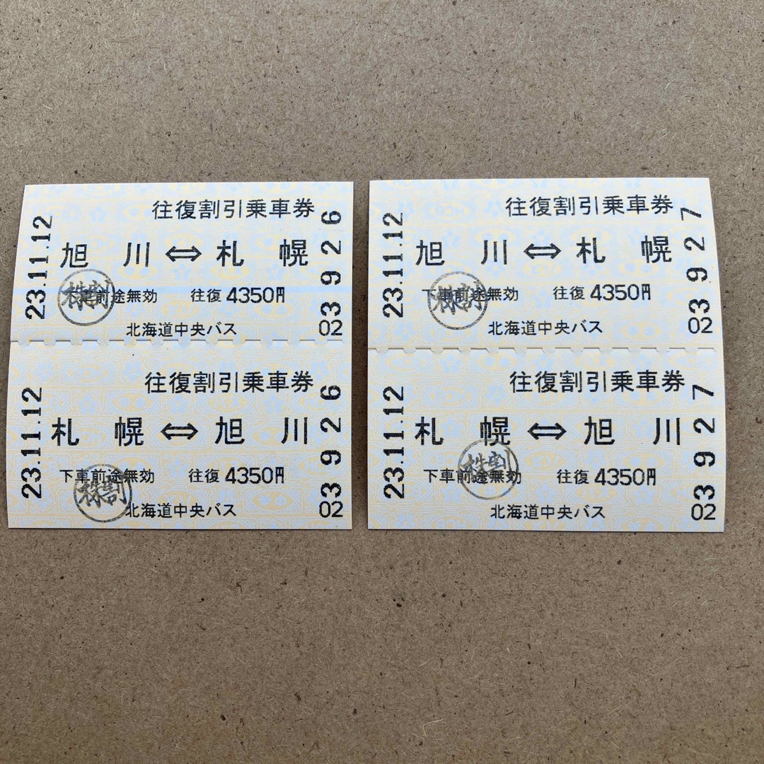 北海道中央バス　札幌〜旭川　　　　　　　　　往復乗車券(２往復分)