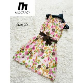 エムズグレイシー(M'S GRACY)の【M'SGRACY】エムズグレイシー　花柄シフォンワンピース　38　マルチカラー(ひざ丈ワンピース)