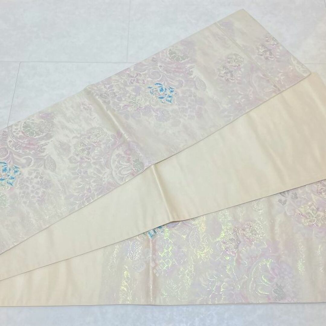 唐織り éclat ceinture 袋帯 正絹 銀糸 白 紫 ピンク 573 レディースの水着/浴衣(帯)の商品写真