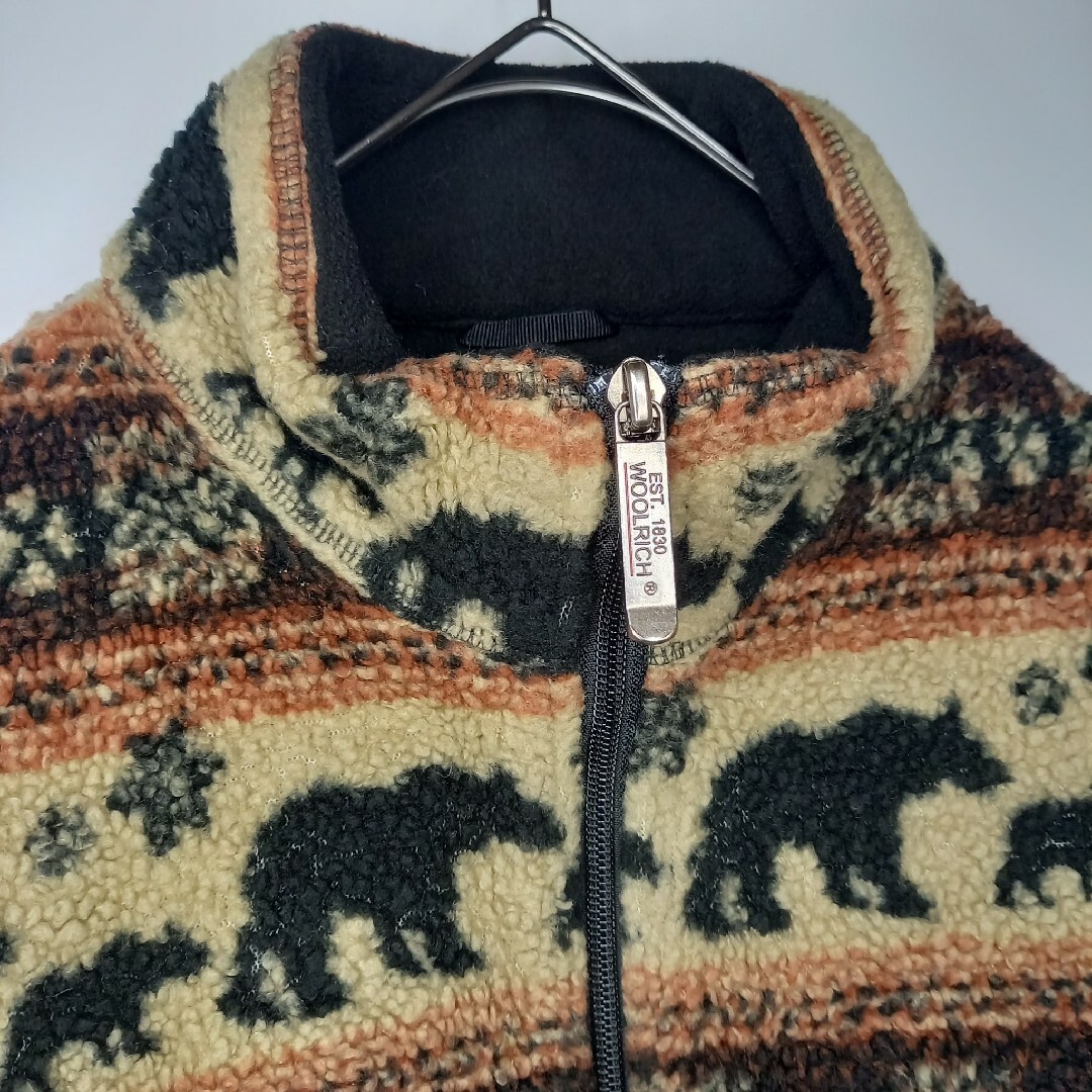 WOOLRICH(ウールリッチ)のウールリッチ　ジップアップ　フリースジャケット　総柄　アニマル　ベージュ　M レディースのジャケット/アウター(ブルゾン)の商品写真