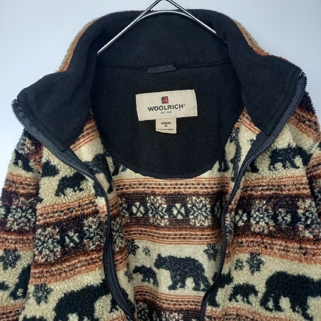 WOOLRICH(ウールリッチ)のウールリッチ　ジップアップ　フリースジャケット　総柄　アニマル　ベージュ　M レディースのジャケット/アウター(ブルゾン)の商品写真