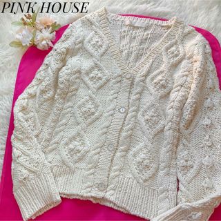 ピンクハウス　PINK HOUSEウール混　カーディガンお花バックロゴ　ホワイト