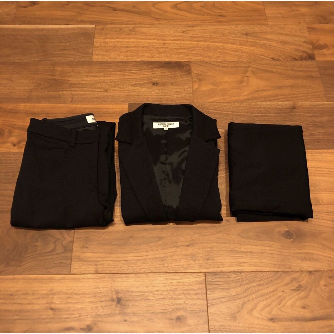 ナチュラルベーシック スーツ 黒 3点セット ジャケット パンツ スカート