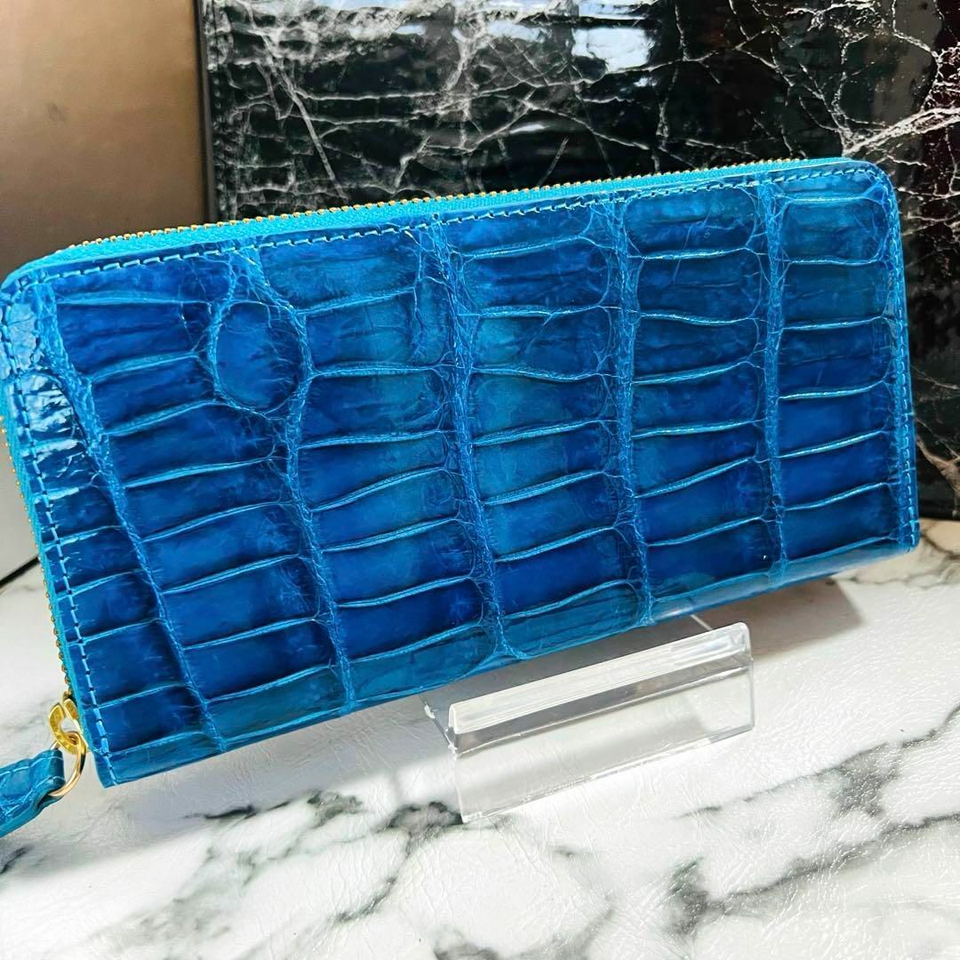 新品 シャイニング加工 クロコダイル長財布 ターコイズブルー ワニ革