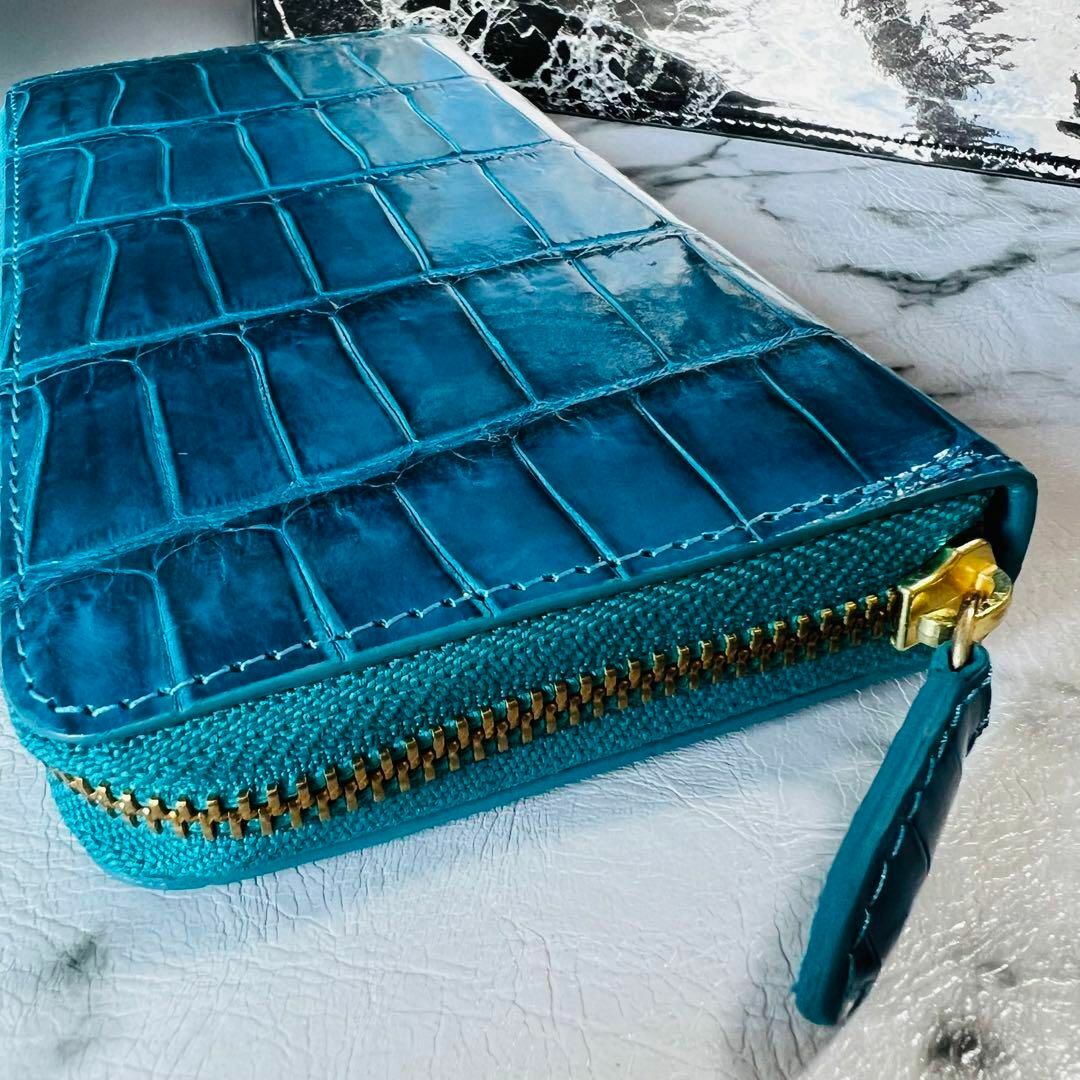 新品 シャイニング加工 クロコダイル長財布 ターコイズブルー ワニ革 クロコ財布