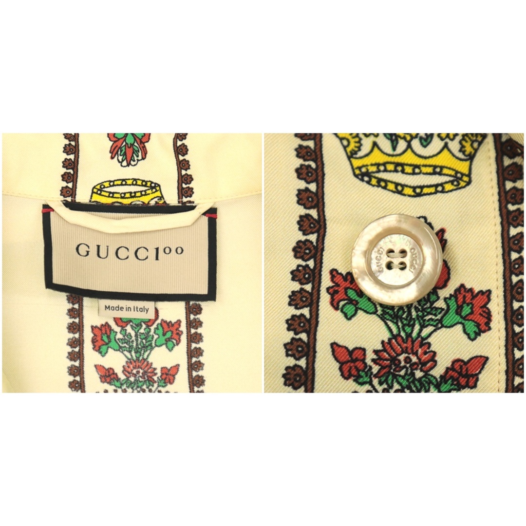 Gucci(グッチ)のグッチ 100周年記念 MUSIC IS MINE 総柄 シルクシャツ レディース 黄色系 S 長袖 オープンカラー The R GUCCI レディースのトップス(シャツ/ブラウス(長袖/七分))の商品写真