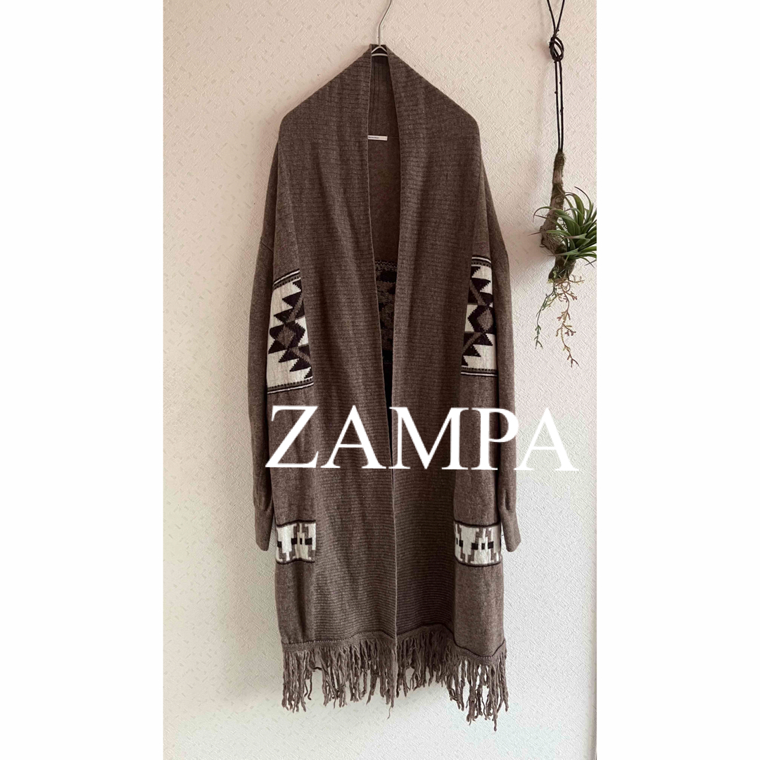 zampa(ザンパ)の美品　ZAMPA ザンパ　ロングカーディガン　毛　ネイティブ柄　タッセル　人気 レディースのトップス(カーディガン)の商品写真