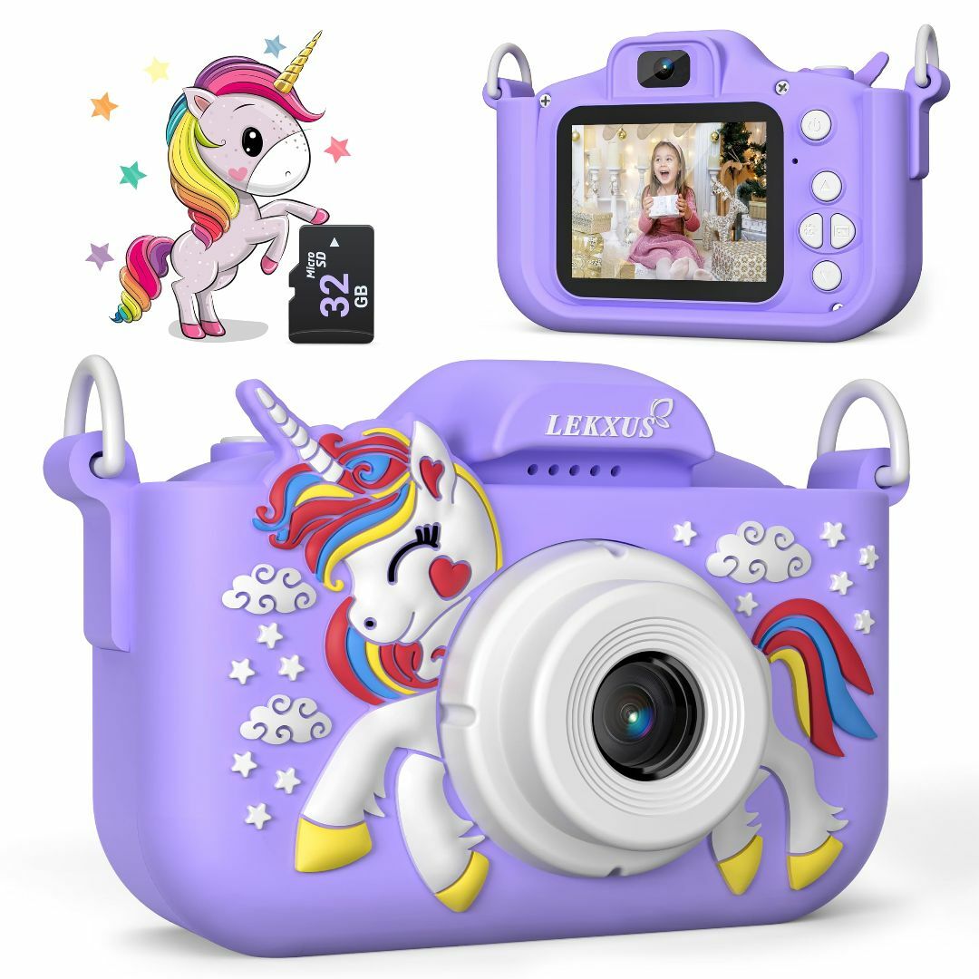 Lekxus 子供用デジタルカメラ、かわいい自撮りカメラ 32GBカード付き ユ
