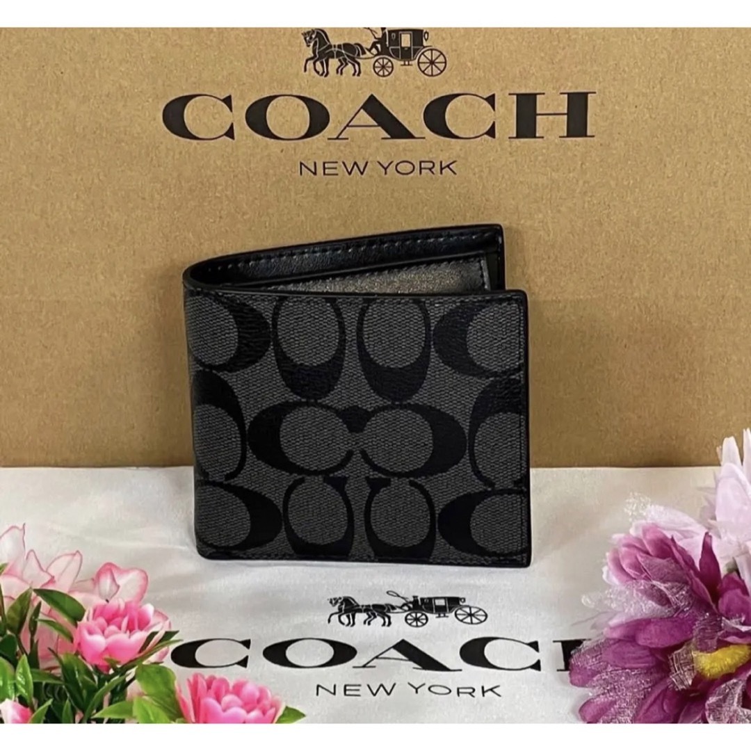 新品未使用 COACH 黒 折り財布 2つ折り メンズ レディースシグネチャー | フリマアプリ ラクマ