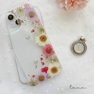 #057 全機種対応　ハンドメイド　ピンク　蝶とお花　押し花スマホ(スマホケース)