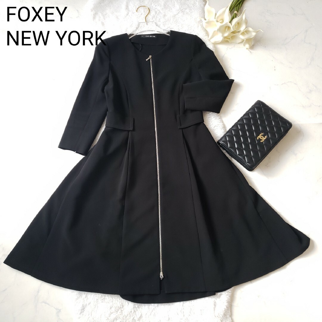 FOXEY NEW YORKウエストマークフレアーワンピースブラックジップアップ