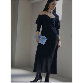 アメリヴィンテージ(Ameri VINTAGE)のLAKE CURVE TRICOT RIB DRESS / Black(ロングドレス)