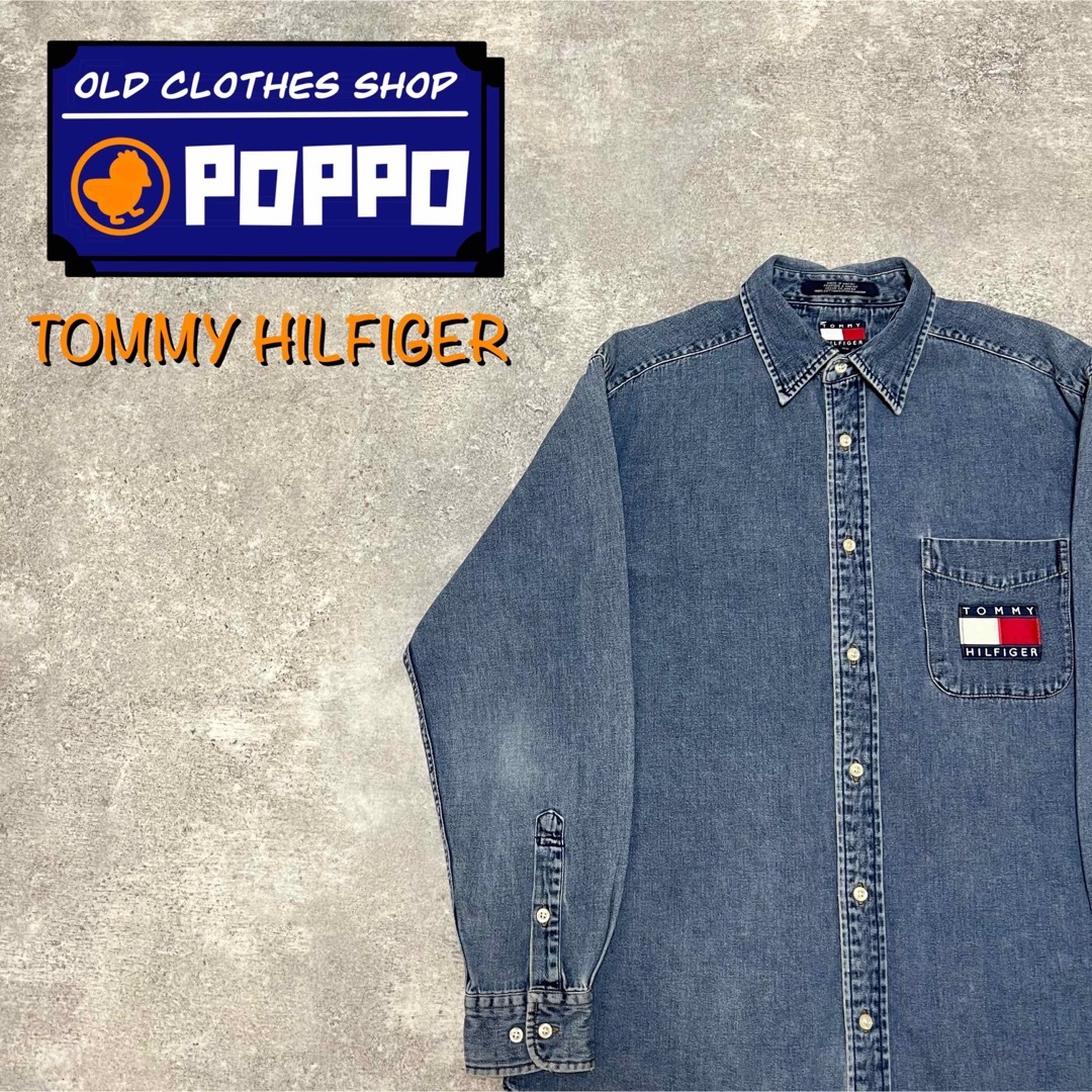 トミーヒルフィガー☆フラッグ刺繍ロゴ・パッチポケットデニムシャツ 90s