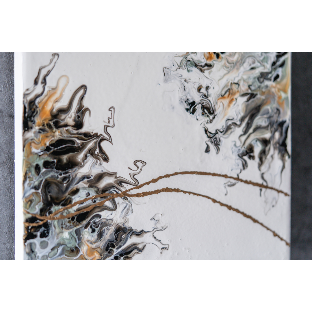 原画　花　黒　白　金　ポーリングアート　フルイドアート　Ｆ3