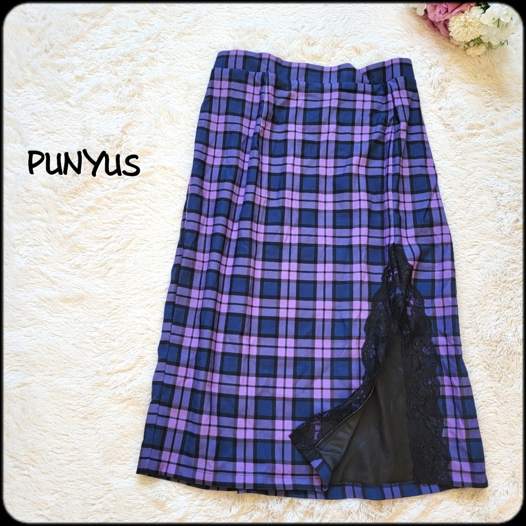 PUNYUS チェック柄プリーツスカート 紫 パープル 大きいサイズ サイズ4