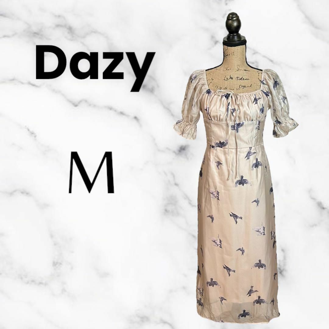 DazyClair(デイジークレア)の美品✨【Dazy】シアーワンピース　総柄　リボン　透け感　裏地　ベージュ　M レディースのワンピース(ロングワンピース/マキシワンピース)の商品写真