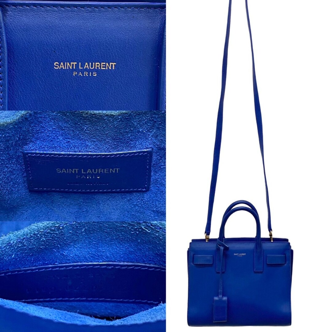 極 美品 SAINT LAURENT PARIS サンローランパリ ロゴ レザー 本革 2way ハンドバッグ ミニ ボストンバッグ ショルダーバッグ ブルー 81237