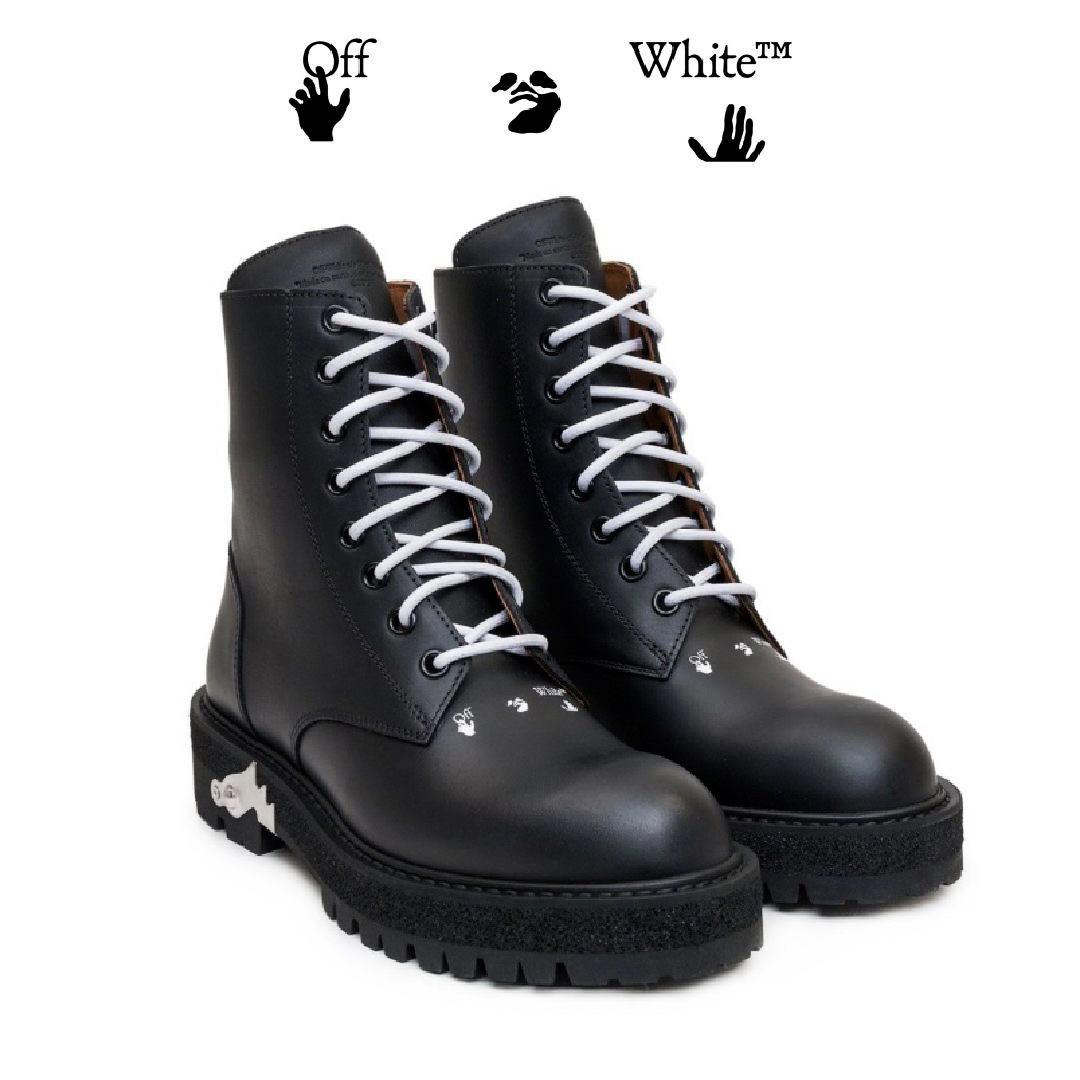 未使用 OFF-WHITE レザー レースアップ ブーツ 牛革 ブラック 42BLACKサイズ